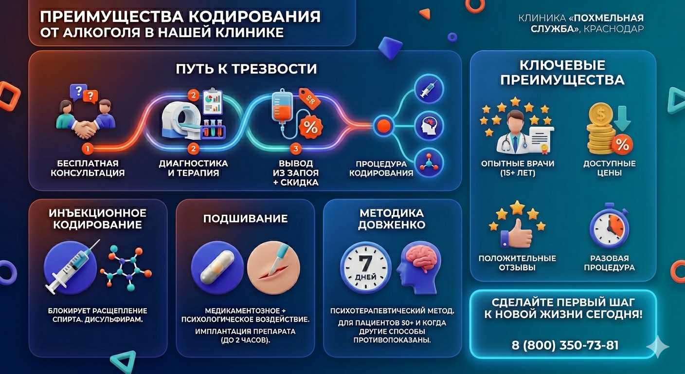 Инфографика о методах кодирования от алкоголя в Можайске: инъекции, подшивание, метод Довженко. Преимущества клиники и этапы лечения.